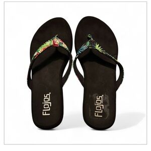Flojos Black Wedge Sandals with Cushioned Sole floral print on straps